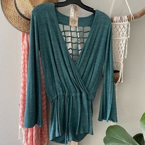 Chaser Heather Grey/Blue Knot Back Cut Out Romper Sz XS only worn once!